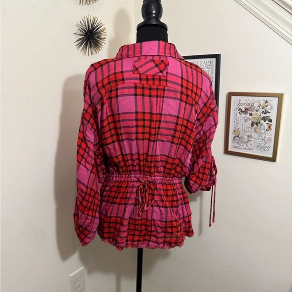 Free People Pacific Dawn Red Pink Plaid Shirred Shirt Top. Size Medium. - Picture 4 of 15